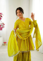 Prazu Fashion Lemon Yellow Mal Chanderi Real Mirror With Hand Work Sharara Suit | Grocsy