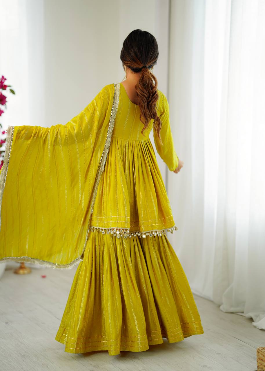 Prazu Fashion Lemon Yellow Mal Chanderi Real Mirror With Hand Work Sharara Suit | Grocsy
