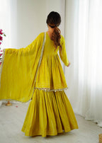 Prazu Fashion Lemon Yellow Mal Chanderi Real Mirror With Hand Work Sharara Suit | Grocsy