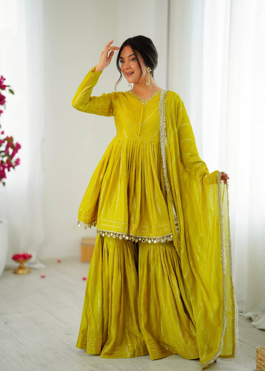 Prazu Fashion Lemon Yellow Mal Chanderi Real Mirror With Hand Work Sharara Suit | Grocsy