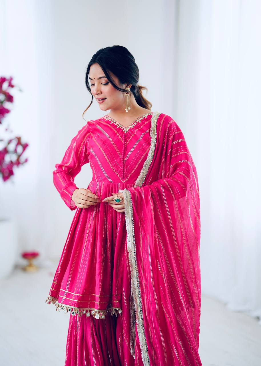 Prazu Fashion Pink Mal Chanderi Real Mirror With Hand Work Sharara Suit | Grocsy