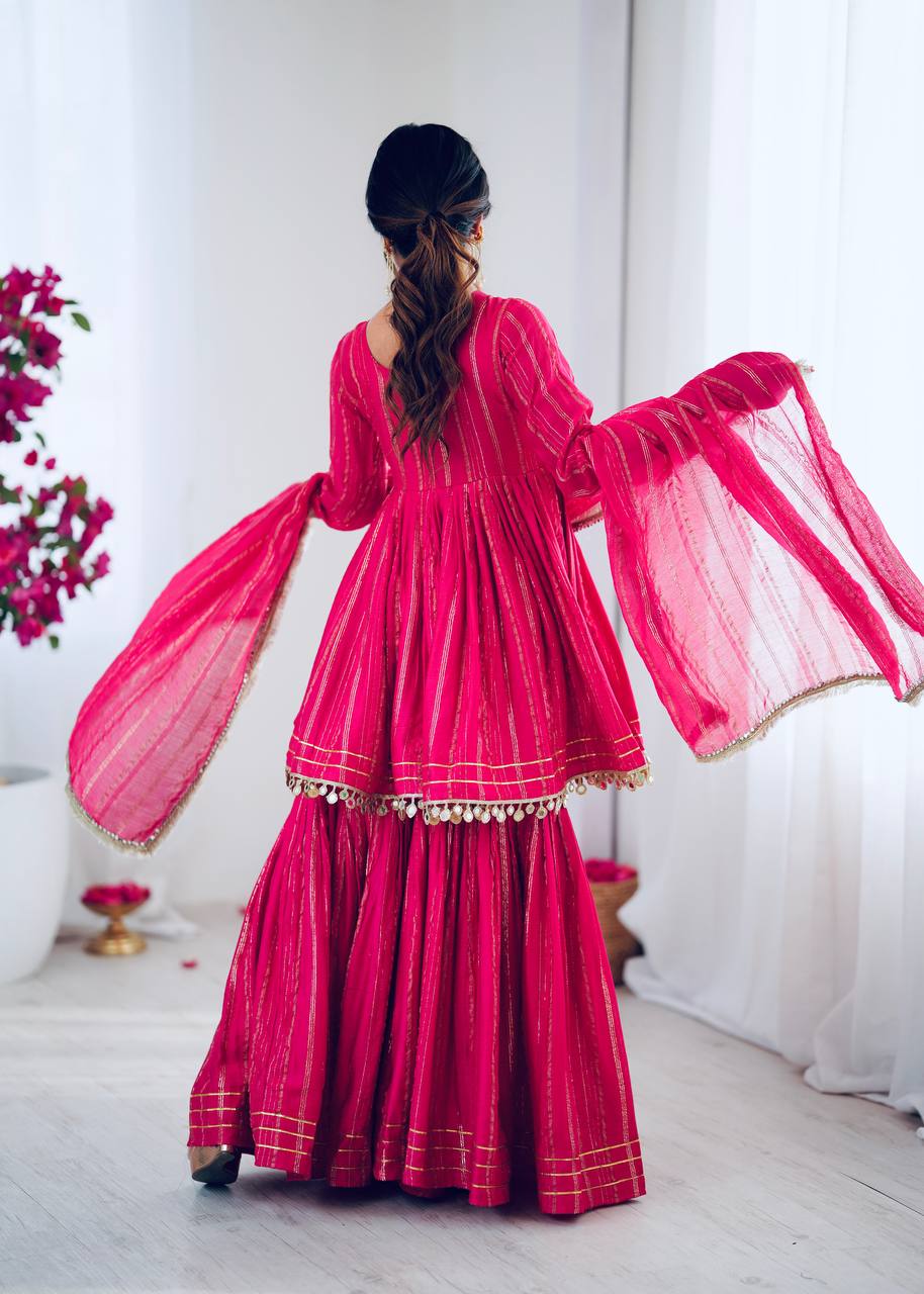 Prazu Fashion Pink Mal Chanderi Real Mirror With Hand Work Sharara Suit | Grocsy