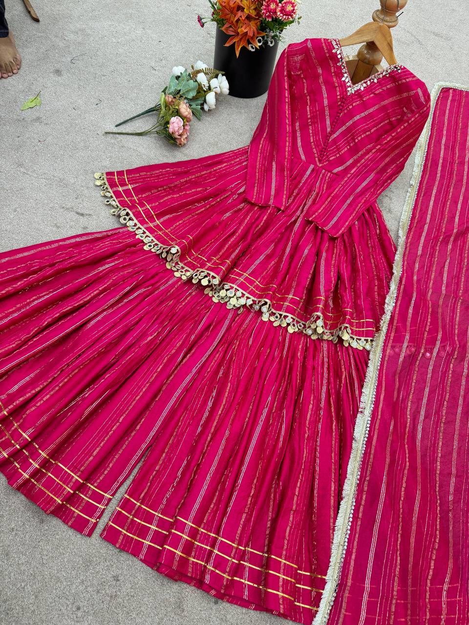 Prazu Fashion Pink Mal Chanderi Real Mirror With Hand Work Sharara Suit | Grocsy
