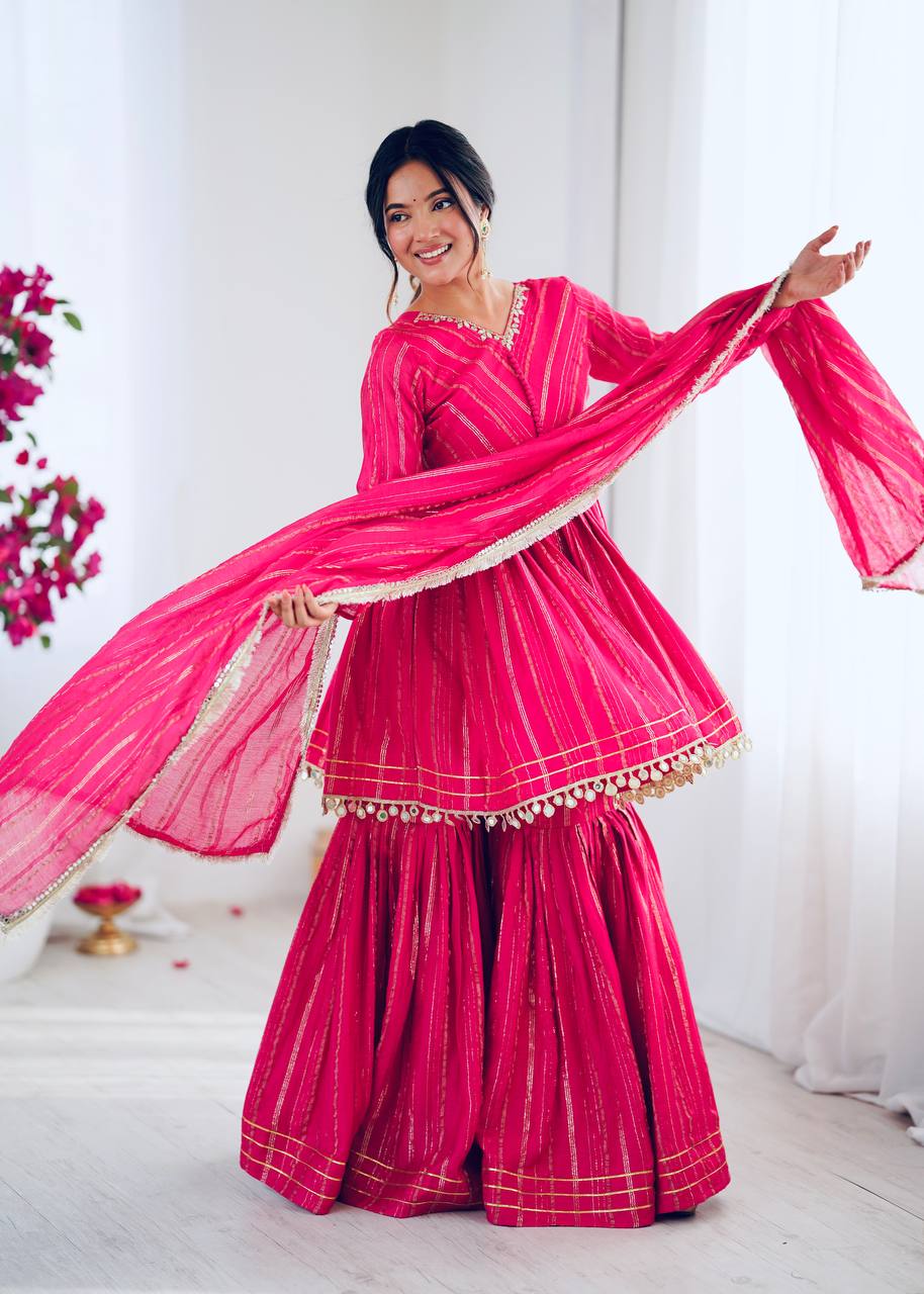 Prazu Fashion Pink Mal Chanderi Real Mirror With Hand Work Sharara Suit | Grocsy