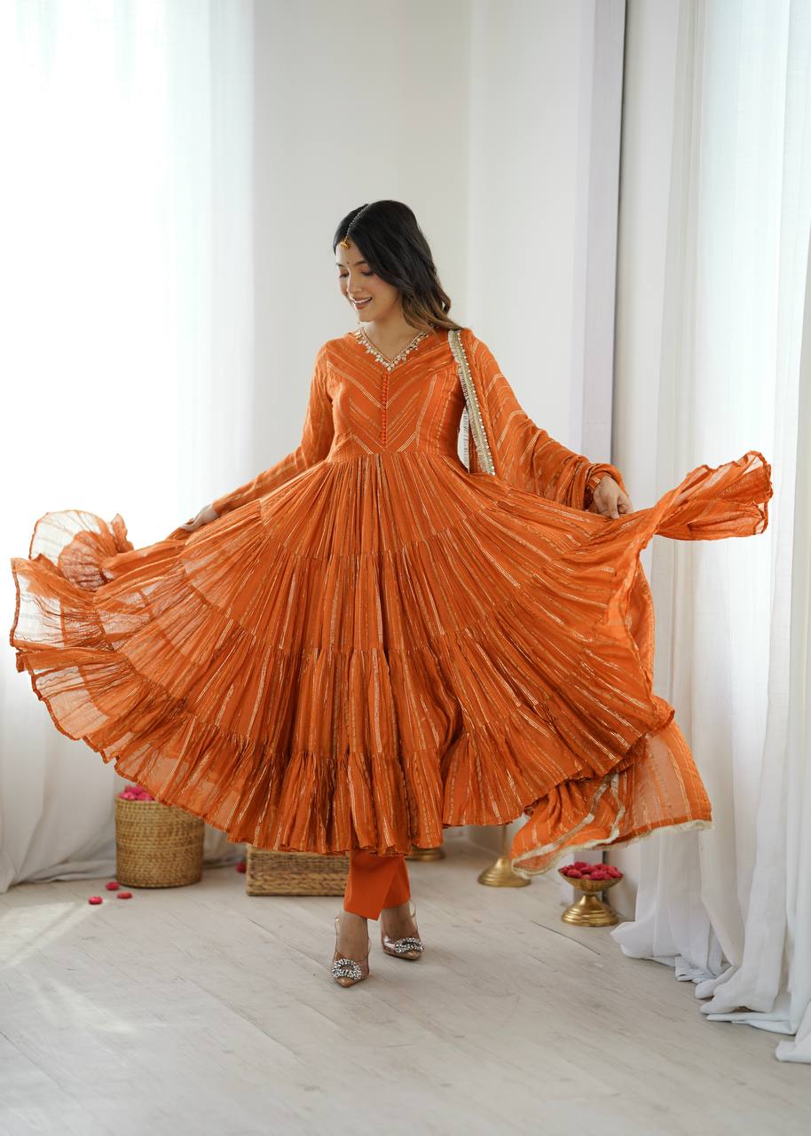 Prazu Fashion Orange Mal Chanderi Silk Real Mirror With Hand Work Anarkali Suit | Grocsy