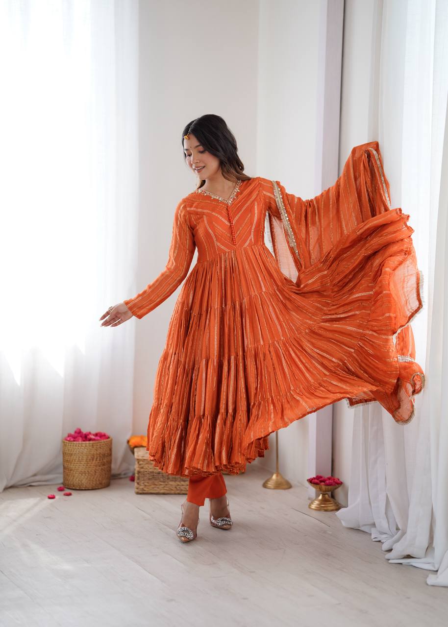 Prazu Fashion Orange Mal Chanderi Silk Real Mirror With Hand Work Anarkali Suit | Grocsy