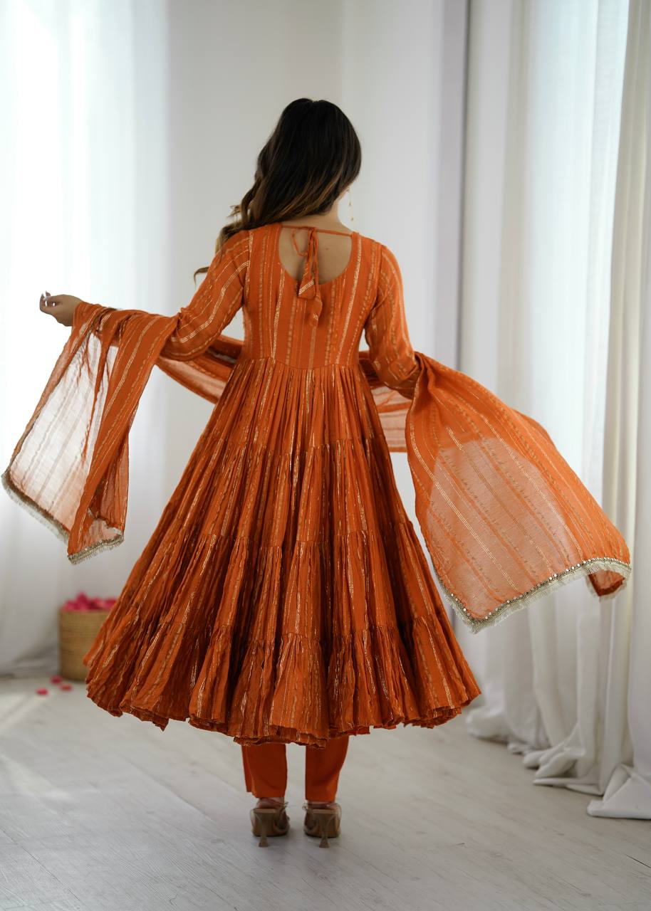 Prazu Fashion Orange Mal Chanderi Silk Real Mirror With Hand Work Anarkali Suit | Grocsy