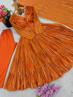 Prazu Fashion Orange Mal Chanderi Silk Real Mirror With Hand Work Anarkali Suit | Grocsy