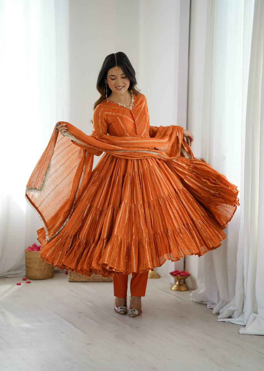 Prazu Fashion Orange Mal Chanderi Silk Real Mirror With Hand Work Anarkali Suit | Grocsy