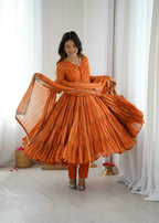Prazu Fashion Orange Mal Chanderi Silk Real Mirror With Hand Work Anarkali Suit | Grocsy