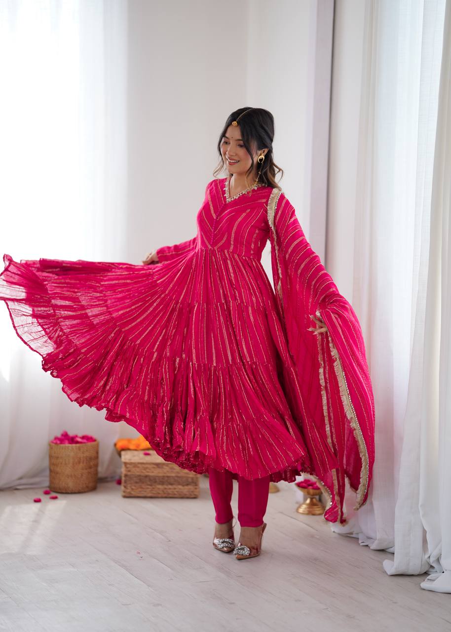 Prazu Fashion Pink Mal Chanderi Silk Real Mirror With Hand Work Anarkali Suit | Grocsy