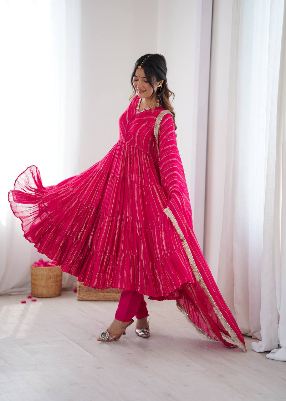 Prazu Fashion Pink Mal Chanderi Silk Real Mirror With Hand Work Anarkali Suit | Grocsy