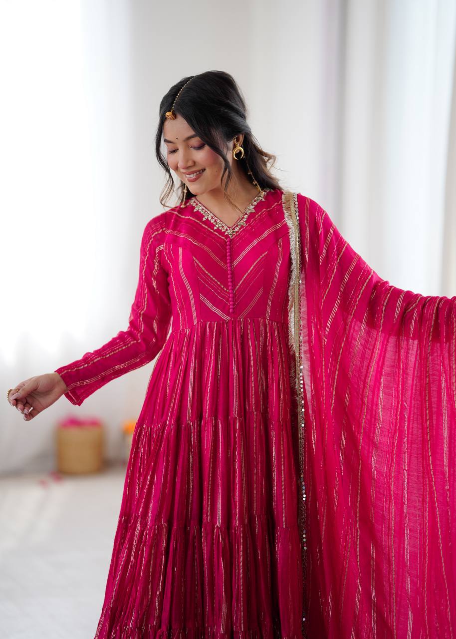 Prazu Fashion Pink Mal Chanderi Silk Real Mirror With Hand Work Anarkali Suit | Grocsy