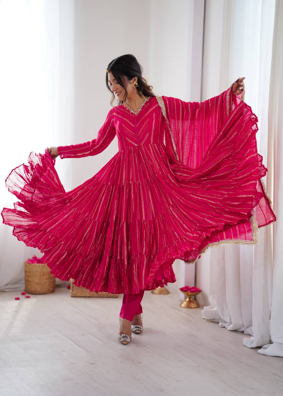 Prazu Fashion Pink Mal Chanderi Silk Real Mirror With Hand Work Anarkali Suit | Grocsy