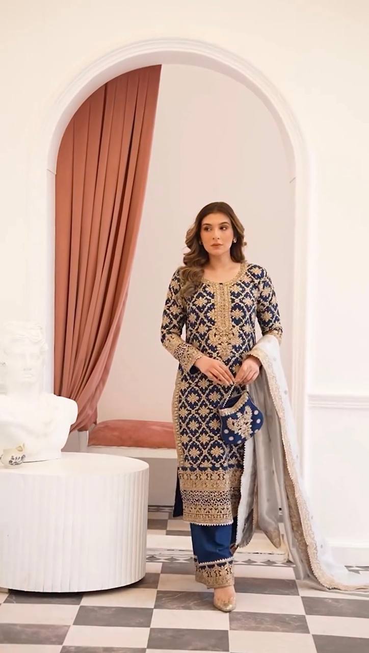 Prazu Fashion Blue Georgette Chain Stitch Embroidered Sequins Beads Work Salwar Suit | Grocsy