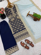 Prazu Fashion Blue Georgette Chain Stitch Embroidered Sequins Beads Work Salwar Suit | Grocsy