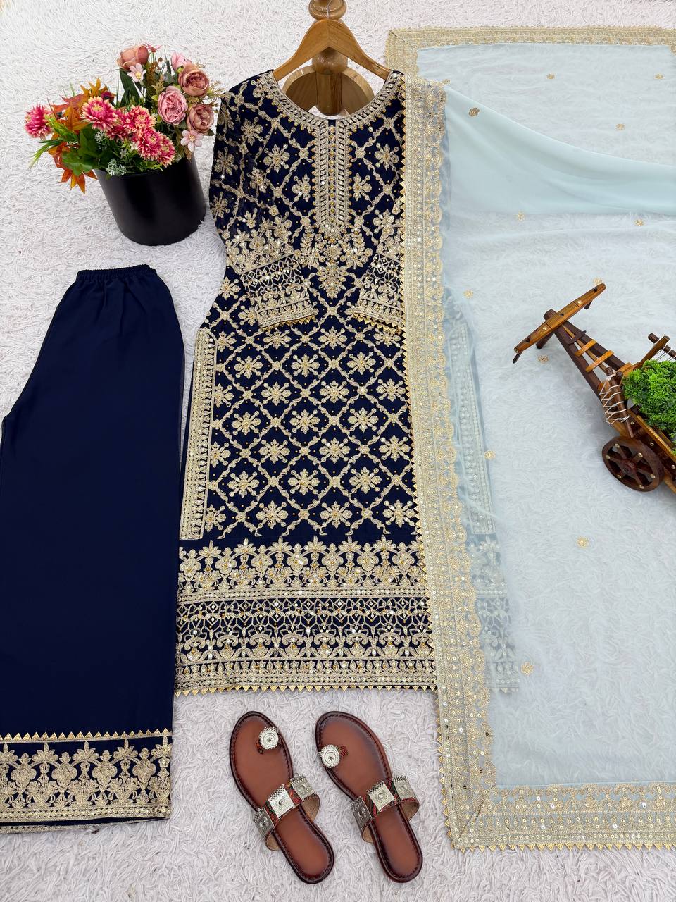 Prazu Fashion Blue Georgette Chain Stitch Embroidered Sequins Beads Work Salwar Suit | Grocsy