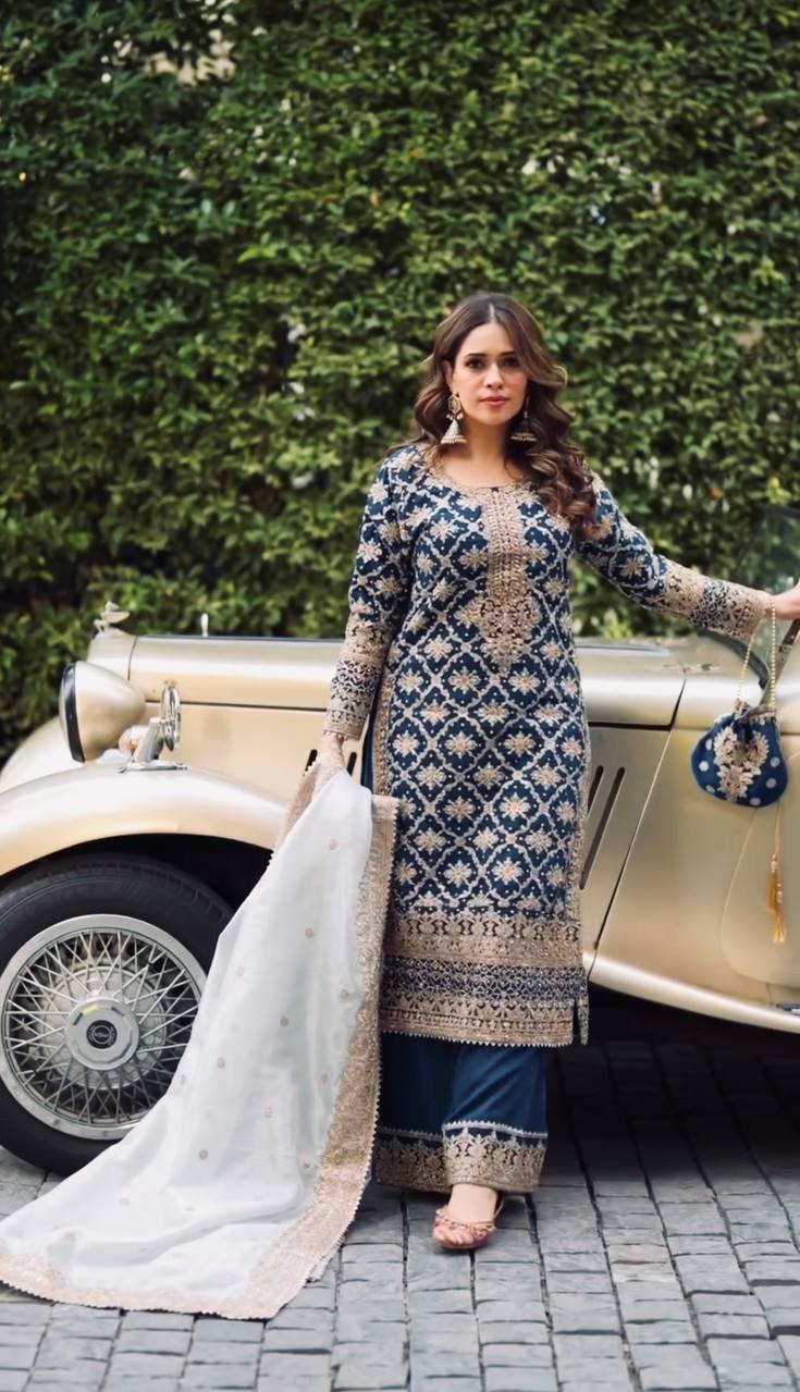 Prazu Fashion Blue Georgette Chain Stitch Embroidered Sequins Beads Work Salwar Suit | Grocsy