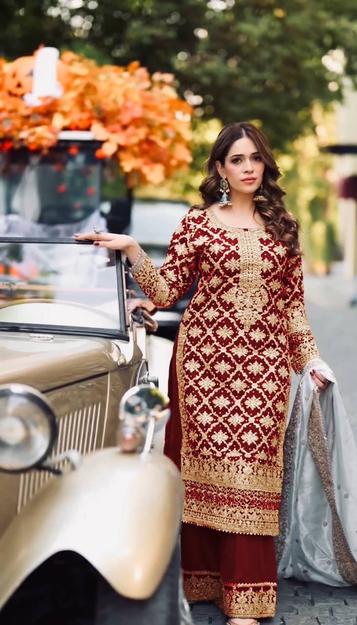Prazu Fashion Maroon Georgette Chain Stitch Embroidered Sequins Beads Work Salwar Suit | Grocsy