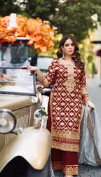 Prazu Fashion Maroon Georgette Chain Stitch Embroidered Sequins Beads Work Salwar Suit | Grocsy