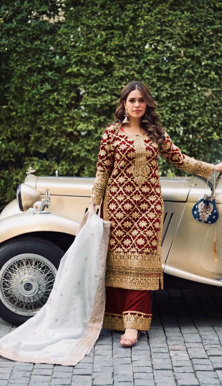 Prazu Fashion Maroon Georgette Chain Stitch Embroidered Sequins Beads Work Salwar Suit | Grocsy