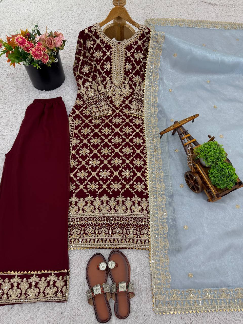 Prazu Fashion Maroon Georgette Chain Stitch Embroidered Sequins Beads Work Salwar Suit | Grocsy