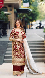 Prazu Fashion Maroon Georgette Chain Stitch Embroidered Sequins Beads Work Salwar Suit | Grocsy