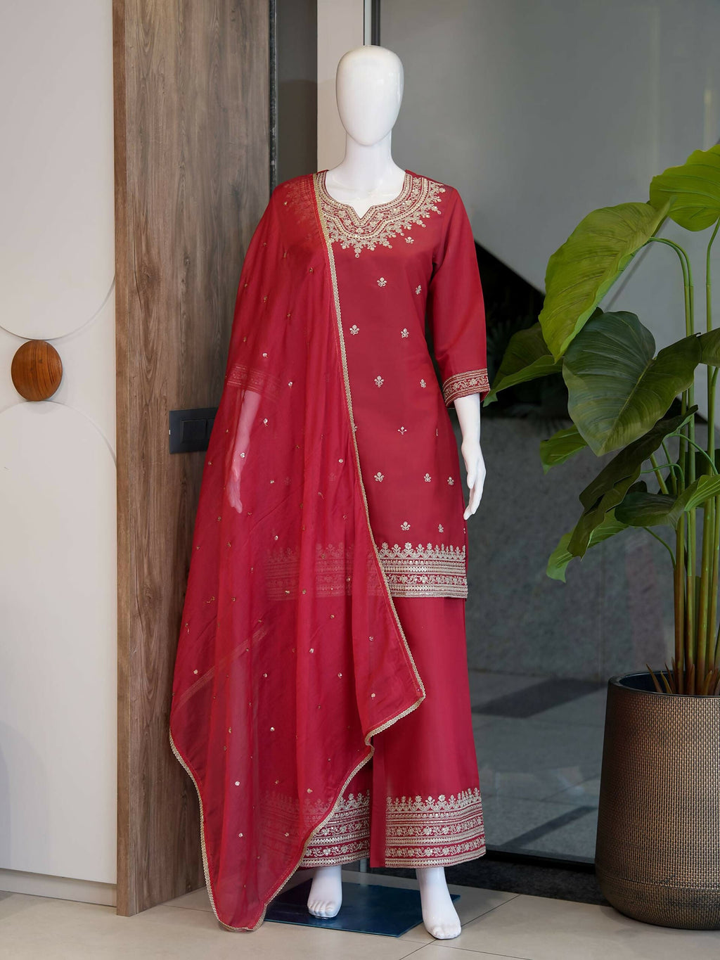 Teeya Creation Festive Red Silk Party Wear Kurti Pant Set With Elegant Zari Work | Grocsy