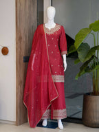 Teeya Creation Festive Red Silk Party Wear Kurti Pant Set With Elegant Zari Work | Grocsy