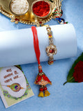 NVR Women & Men Set of 2 Red & Gold-Toned Stone-Studded Bhaiya Bhabhi Rakhi With Roli Chawal & Chocolate | Grocsy