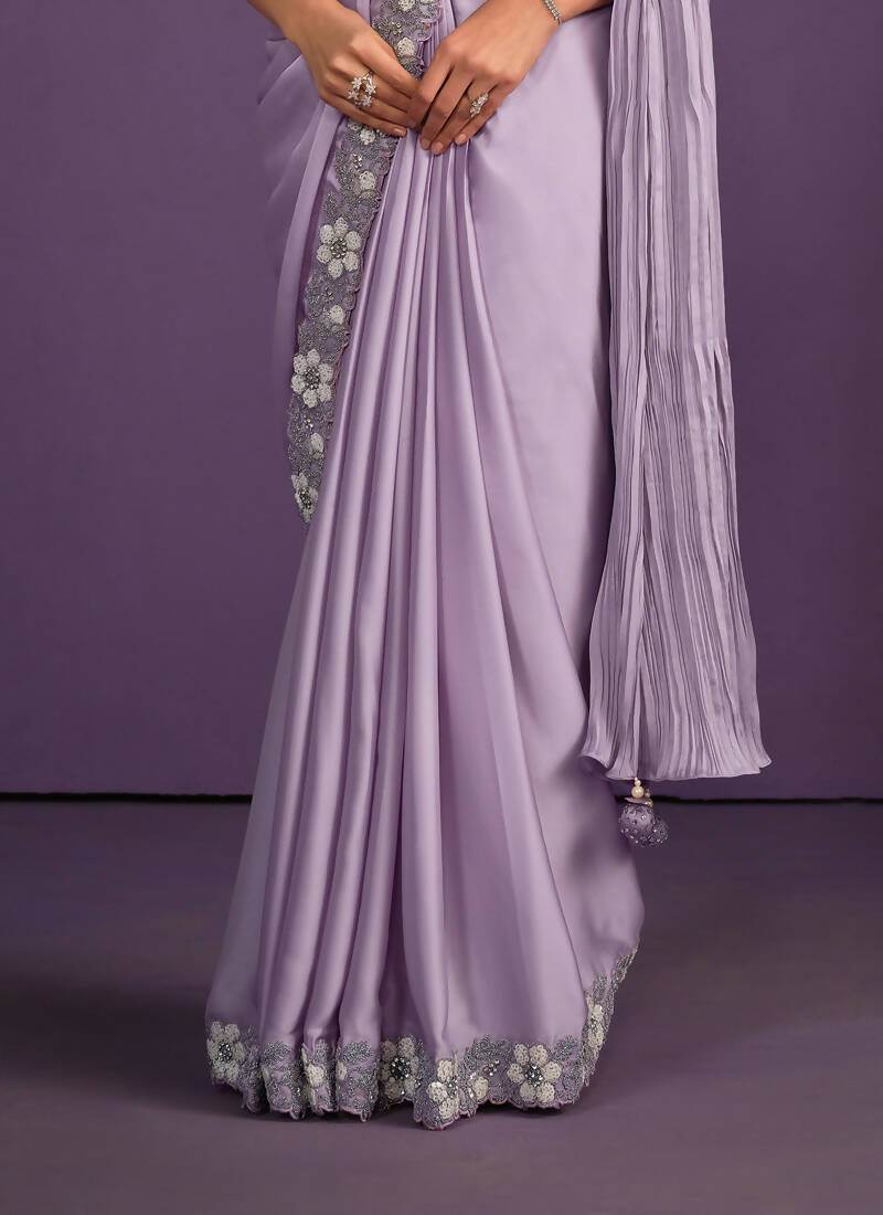 Lavender Crepe Satin Silk Embroidered Saree With Stitched Blouse - Mohmanthan Exotica | Grocsy