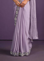 Lavender Crepe Satin Silk Embroidered Saree With Stitched Blouse - Mohmanthan Exotica | Grocsy