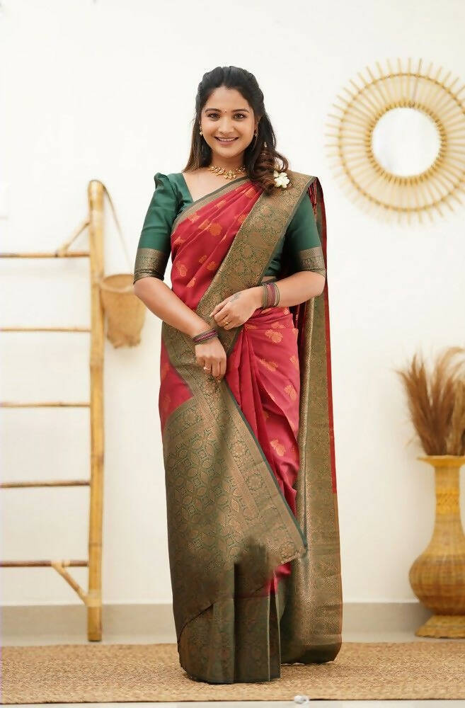 DEIANA'S Beautiful Designer Golden zari Soft Lichi Silk Saree - Red | Grocsy