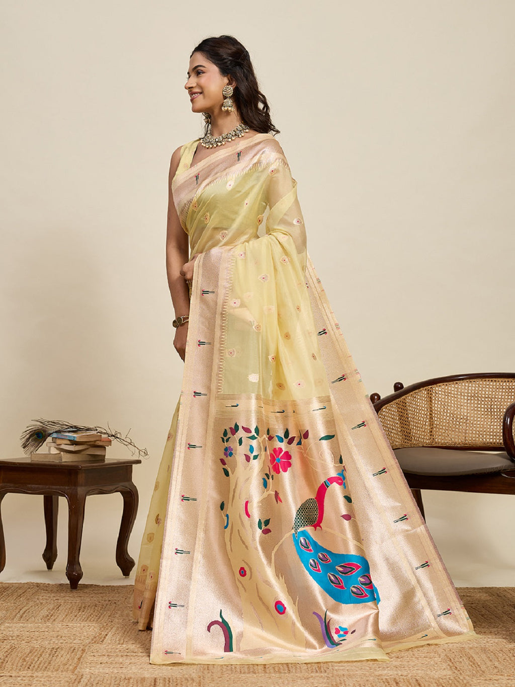 Dwija Fashion Golden Wedding Wear Paithani Silk Jari Weaving On All Over Saree With Unstitched Blouse | Grocsy