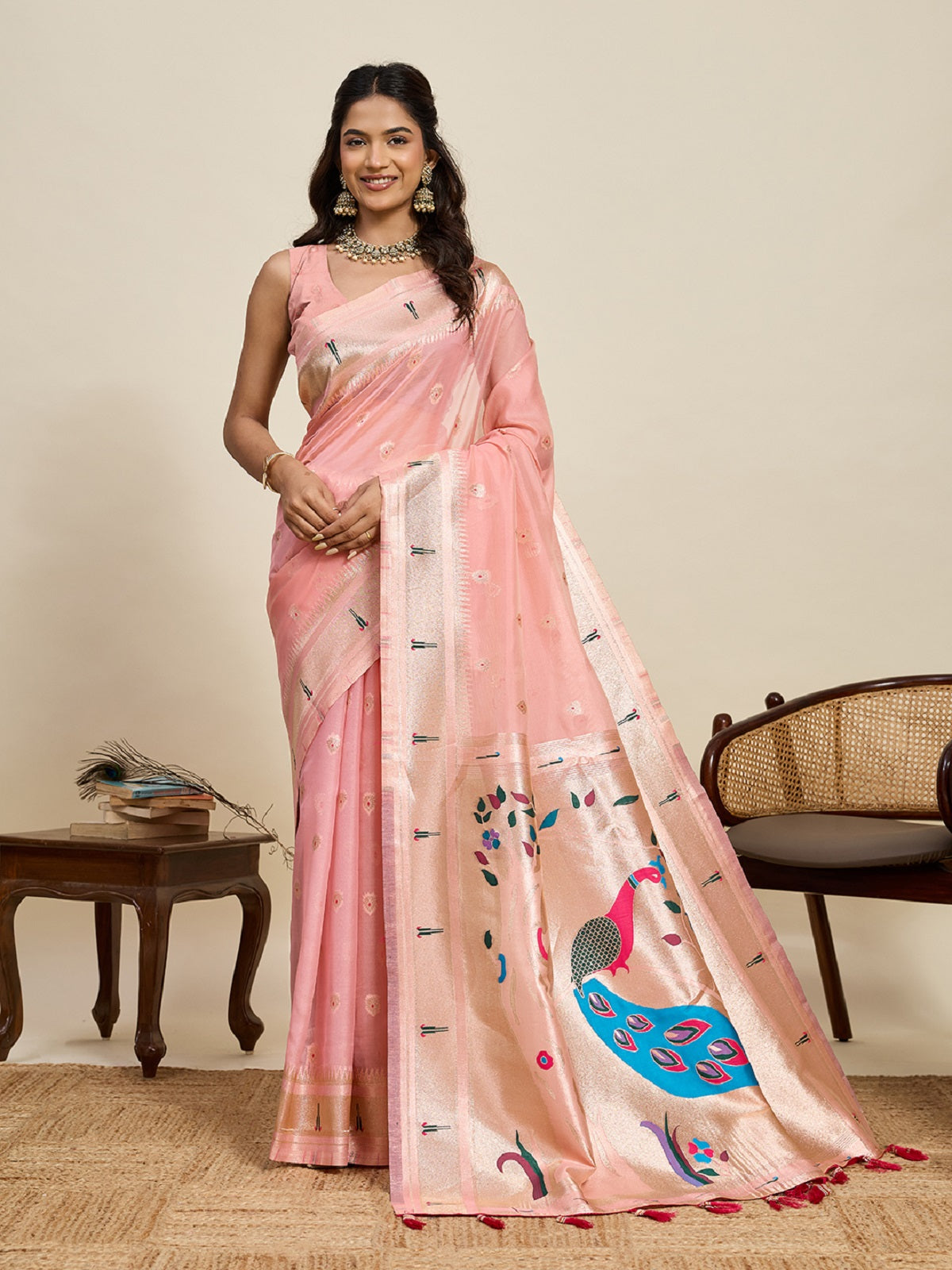 Dwija Fashion Baby Pink Wedding Wear Paithani Silk Jari Weaving On All Over Saree With Unstitched Blouse | Grocsy