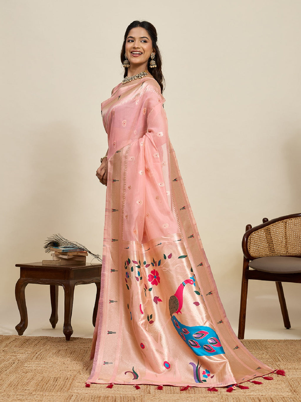 Dwija Fashion Baby Pink Wedding Wear Paithani Silk Jari Weaving On All Over Saree With Unstitched Blouse | Grocsy