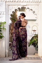 Vastranavya Wine Lurex Brasso Floral Printed Saree with Unstitched Blouse | Grocsy