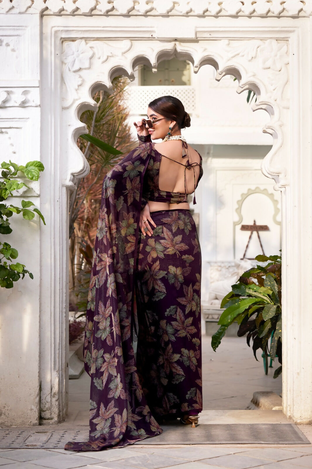 Vastranavya Wine Lurex Brasso Floral Printed Saree with Unstitched Blouse | Grocsy