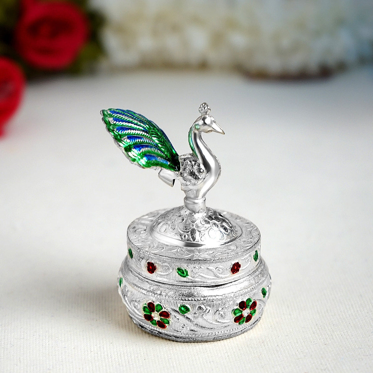 Sri Rudra German Silver peacok Dibbl Full Mena 45g(SR 02737) | Grocsy