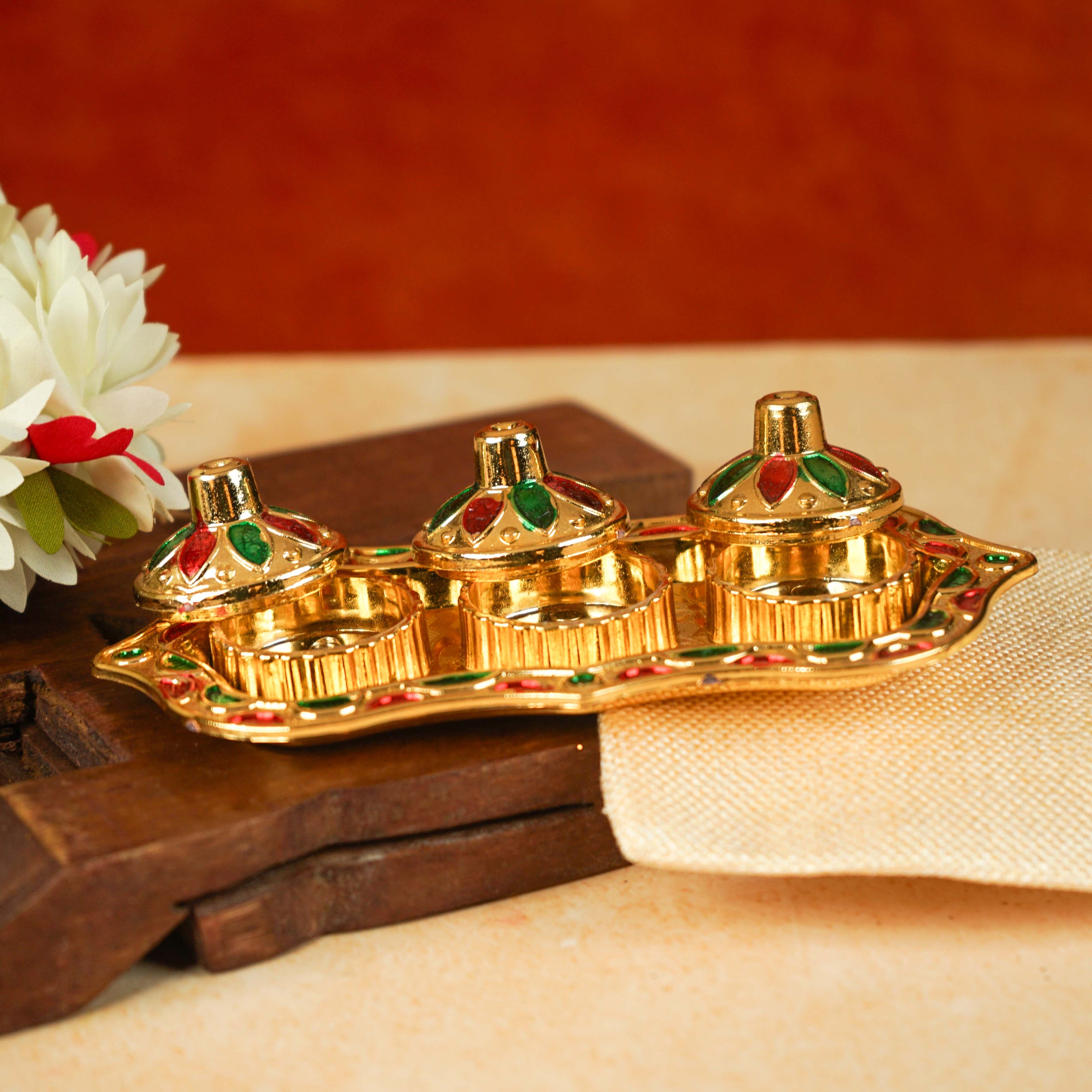 Sri Rudra Fiber Gold Kumkum Haldi Chandan Tray (SR 01962) | Grocsy