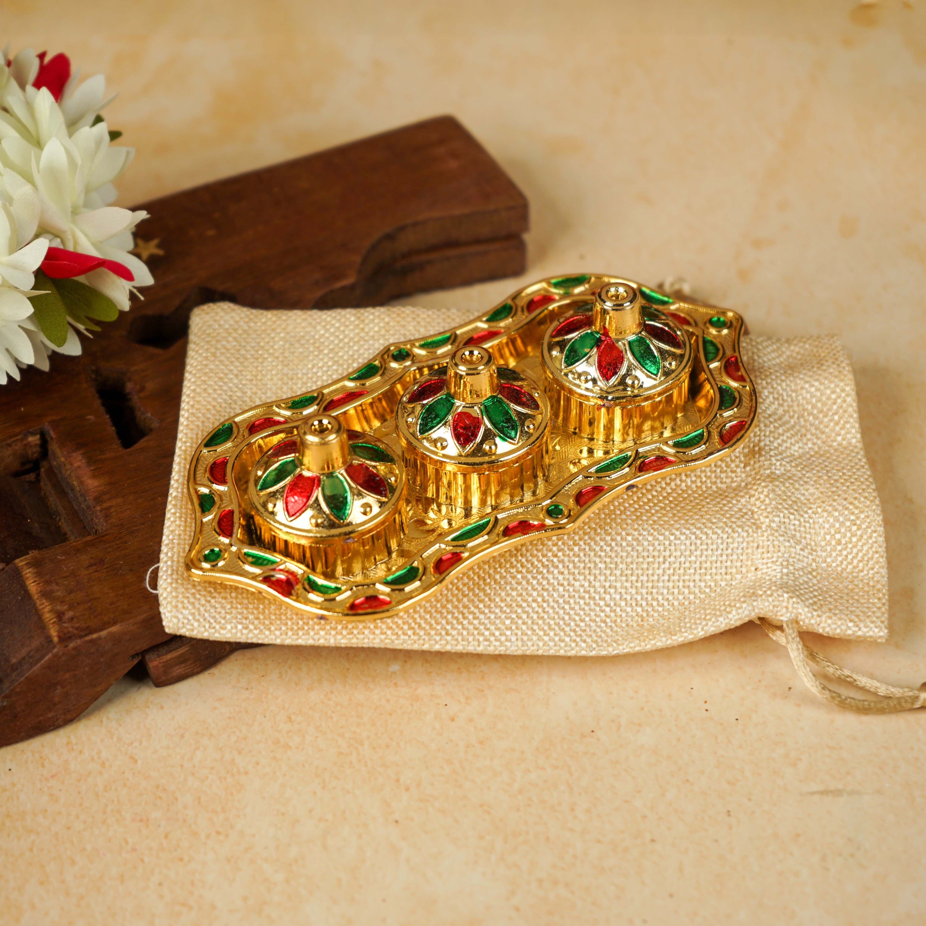 Sri Rudra Fiber Gold Kumkum Haldi Chandan Tray (SR 01962) | Grocsy