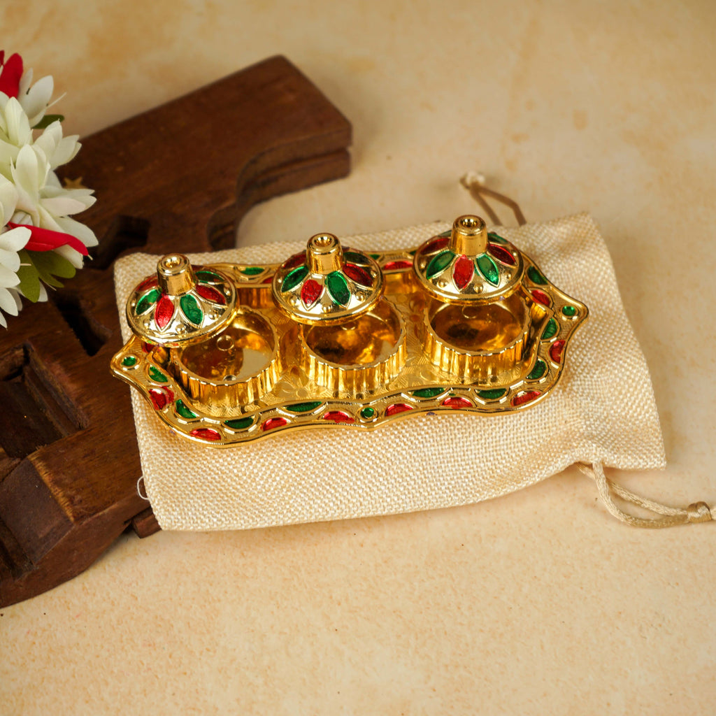 Sri Rudra Fiber Gold Kumkum Haldi Chandan Tray (SR 01962) | Grocsy