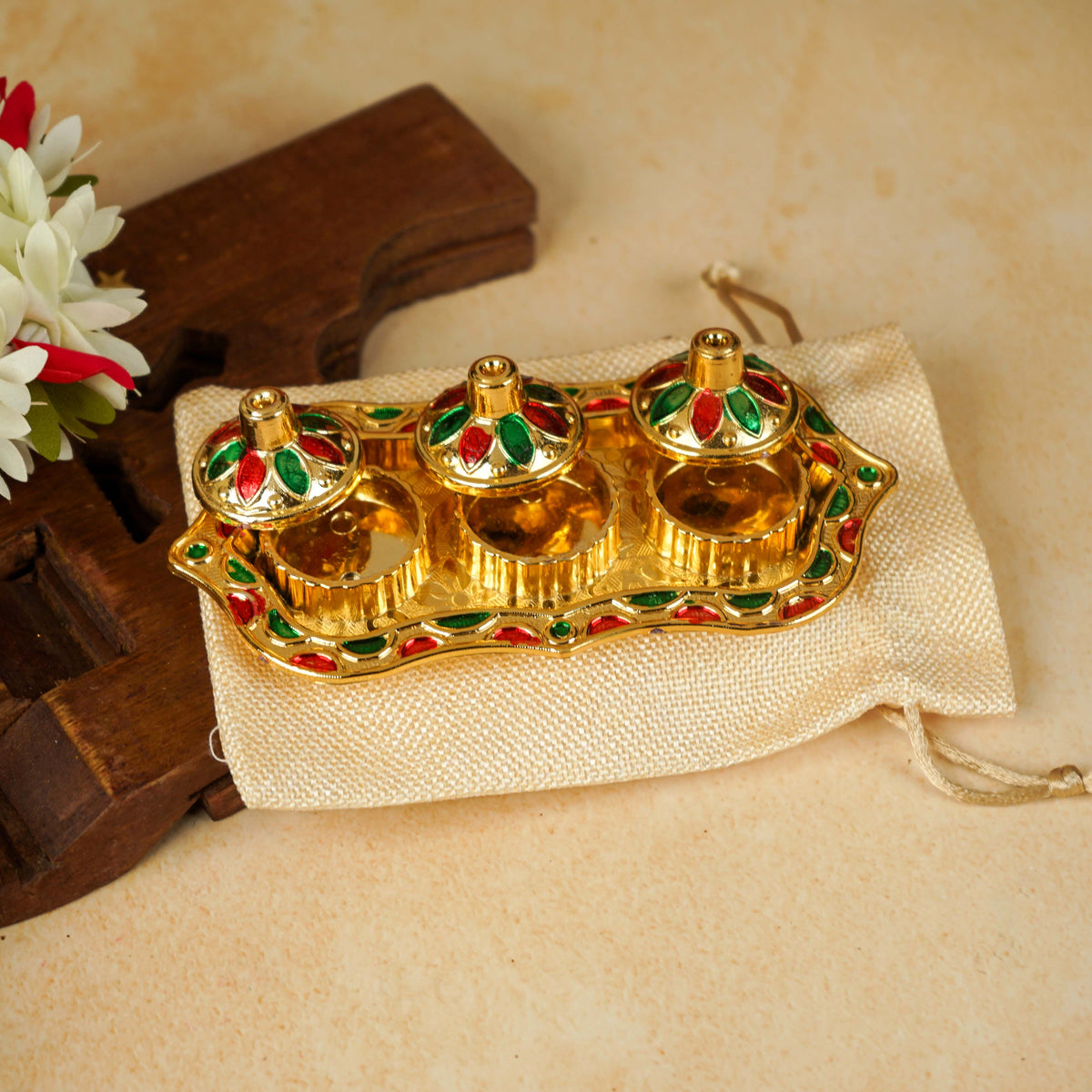 Sri Rudra Fiber Gold Kumkum Haldi Chandan Tray (SR 01962) | Grocsy