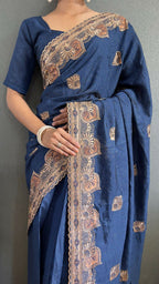 Vastranavya Blue Vichitra Silk Zari with Swarovski Work Ready to Wear Saree | Grocsy