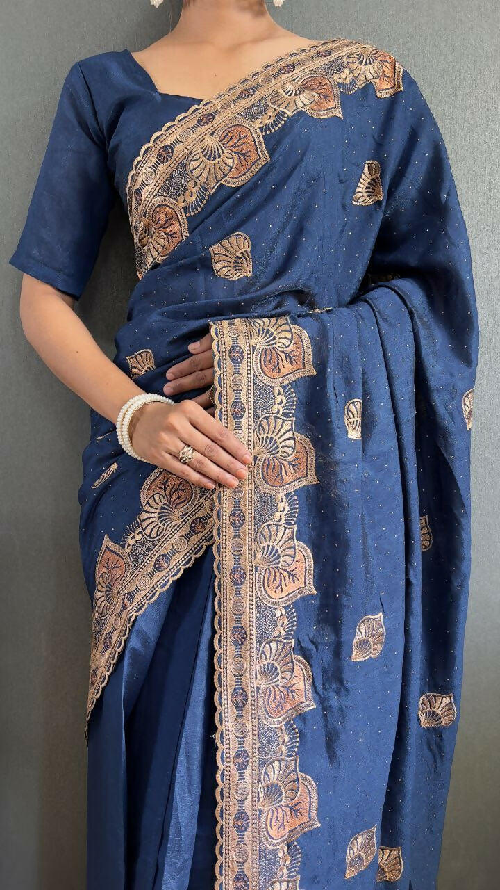 Vastranavya Blue Vichitra Silk Zari with Swarovski Work Ready to Wear Saree | Grocsy