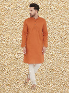 Even Apparels Men's Orange Emboided Cotton Kurta | Grocsy