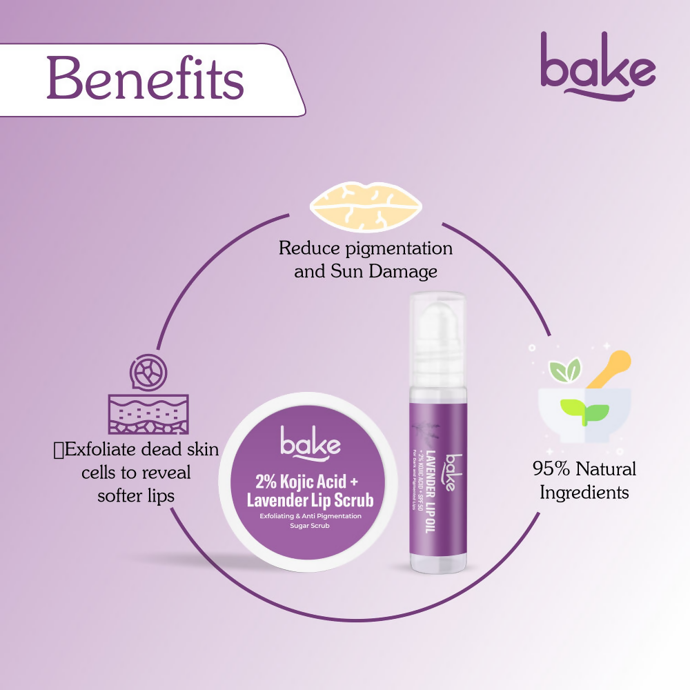 Bake Kojic Acid Lavender Lip Kit With Lip Balm SPF 50 & Lip Scrub For Dark & Pigmented Lips | Grocsy