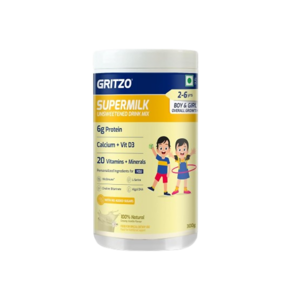 Gritzo SuperMilk Overall Growth (2-6y Boy & Girl) Unsweetened Drink Mix 6g Protein Powder Creamy Vanilla | Grocsy
