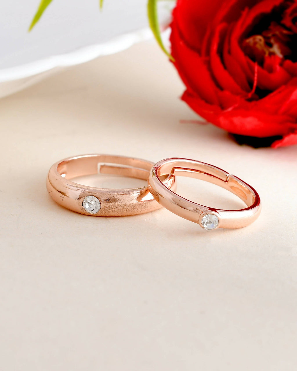 VOJ Stainless Steel Cubic Zirconia Gold-Polished Adjustable Couple Ring Set | Grocsy