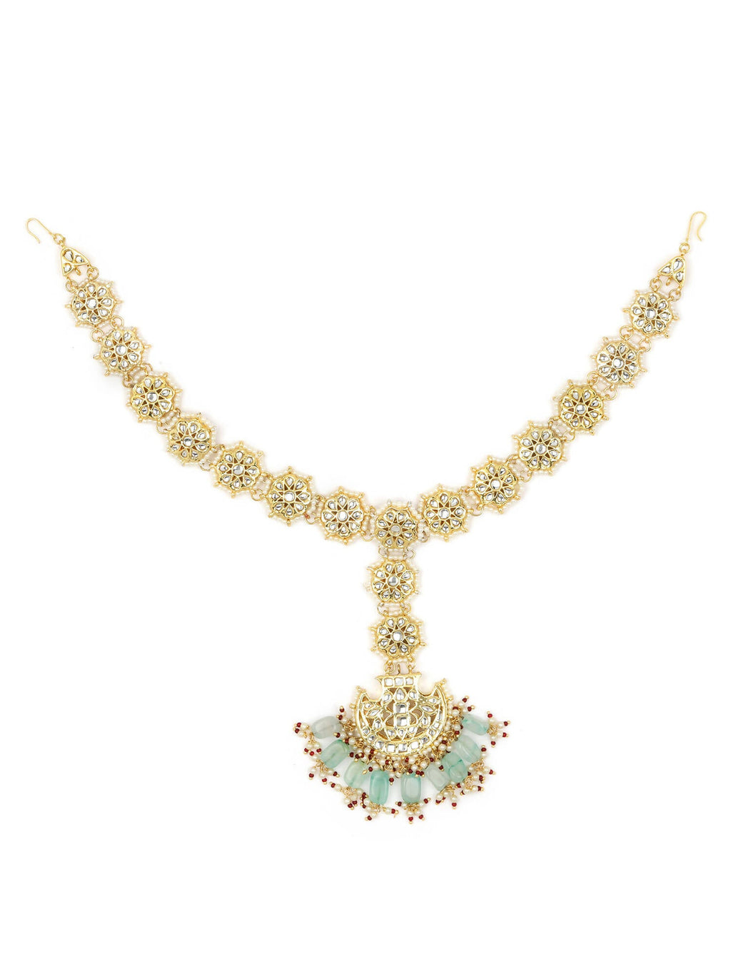 Gold-Polished White Blue Kundan-Studded Pearl Beaded Matha Patti - Ruby Raang | Grocsy